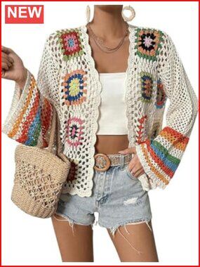 Crochet Cardigan Sweater Open Front Long Sleeve Boho Floral Knit